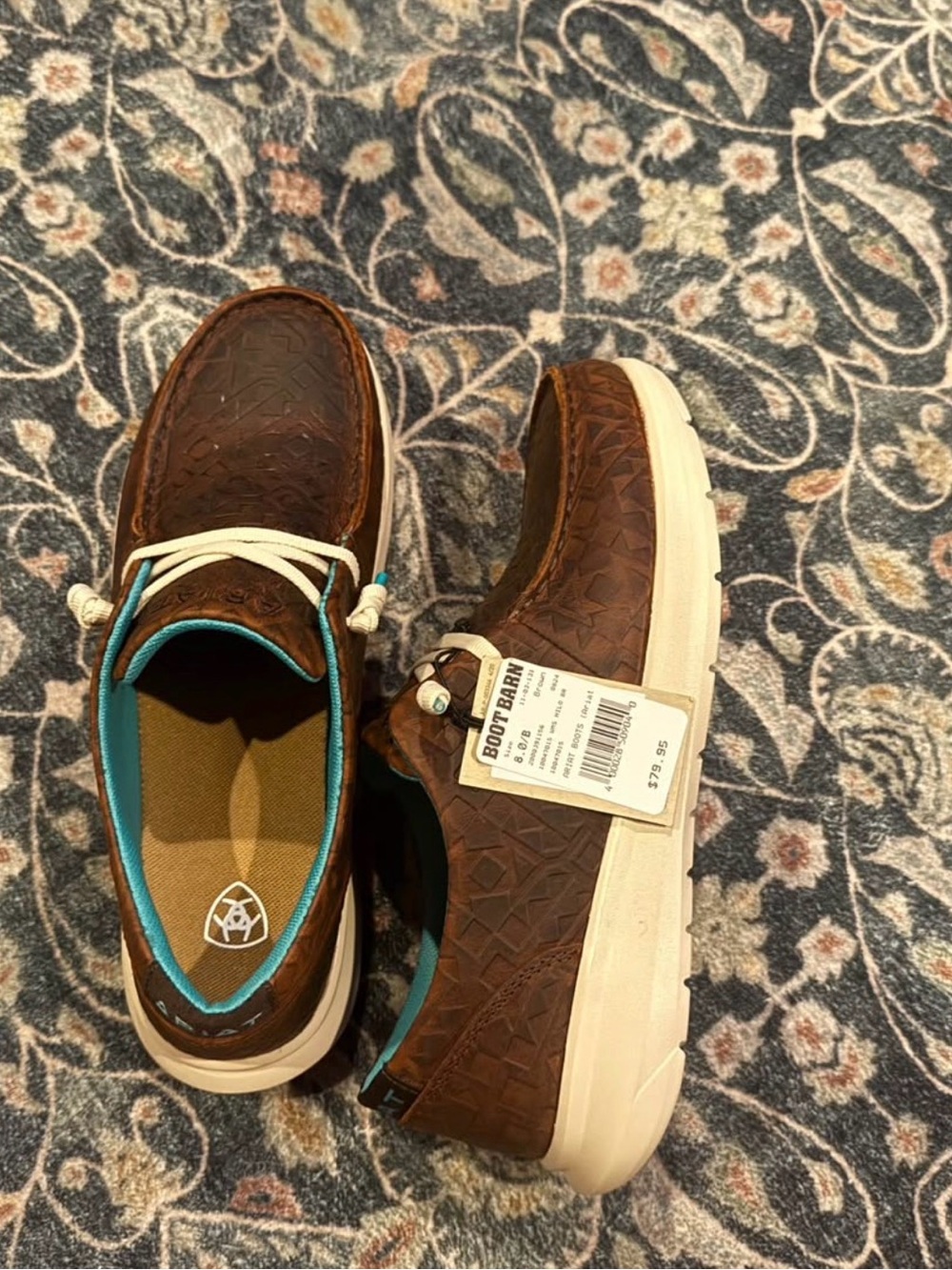Ariat Women’s Brown Leather Boat Shoes with White Sole and Teal Lining NWT - Picture 4 of 9